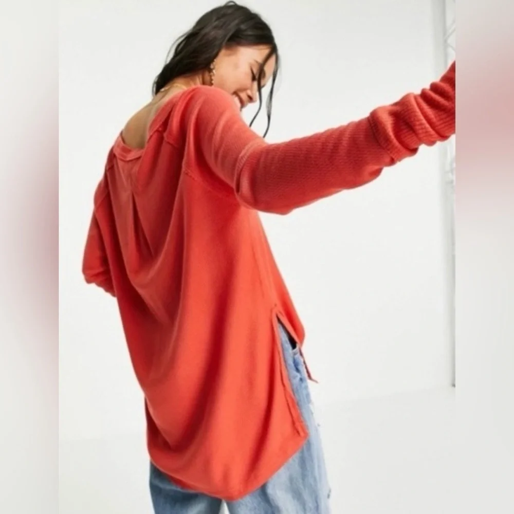 We The Free Snowy Thermal Tunic Top Oversized Boat Neck Waffle Orange Size Small